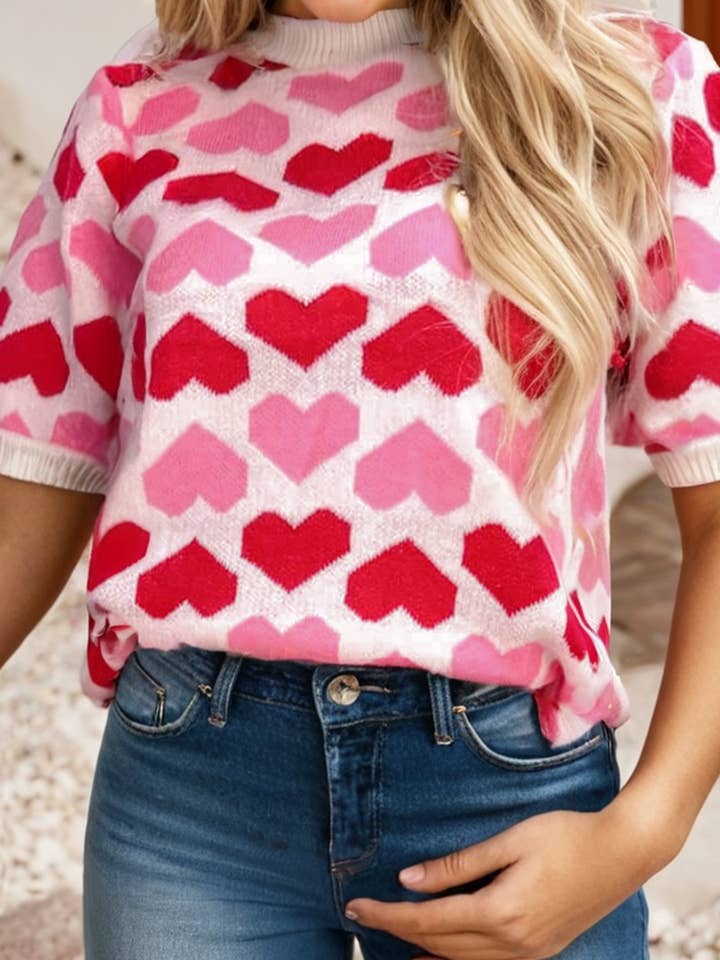 LDC Heart Print Valentine Crew Neck Short Sleeve Sweater for wholesale by Little Daisy Closet
