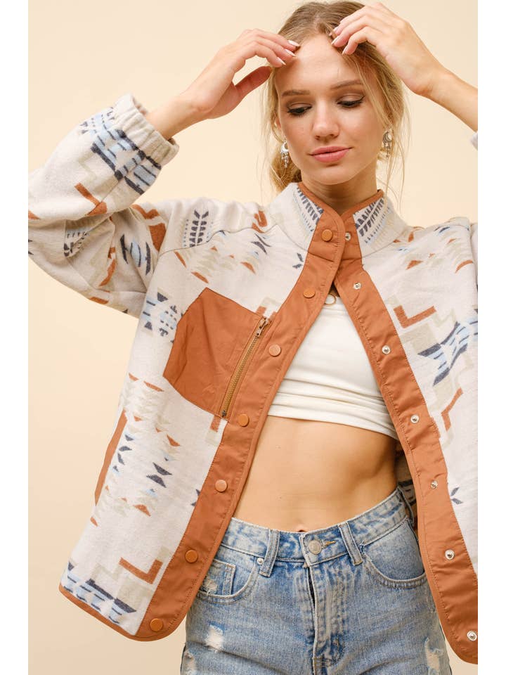 MARRONE 36246J - Giacca western a contrasto in jacquard azteco in vendita all'ingrosso su Faire