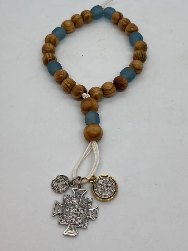 St. Benedict With Olive Wood Beads And Blue Glass Beads W/3 for wholesale by RKM Designs