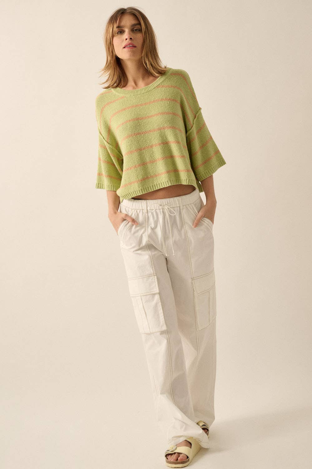 Promesa USA – Pulôver - Mulher por atacado – Suéter solto de malha listrada com decote em barco manga 3/426