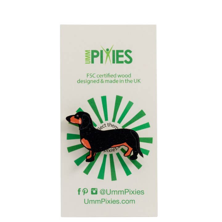 Dachshund Dog wooden pin badge - Black and Tan for wholesale by UmmPixies