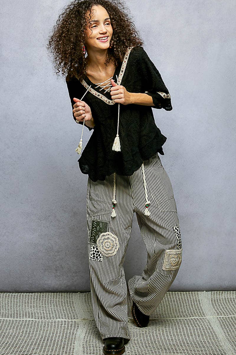 Pol Clothing - Wholesale Blouse - Women's - Short Sleeve Adjustable Drawstring Crochet V Neck Top4