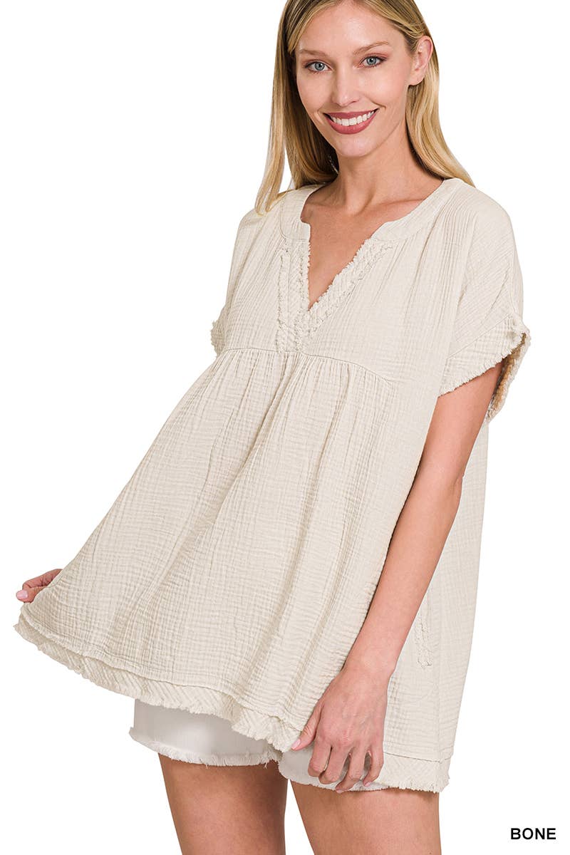 42POPS – wholesale Tunika - Dam – "Rå kant kortärmad V-ringad tröja21