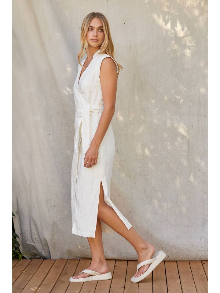 WHITE CD9403 - Lelina Wrap Linen Midi Dress for wholesale on Faire