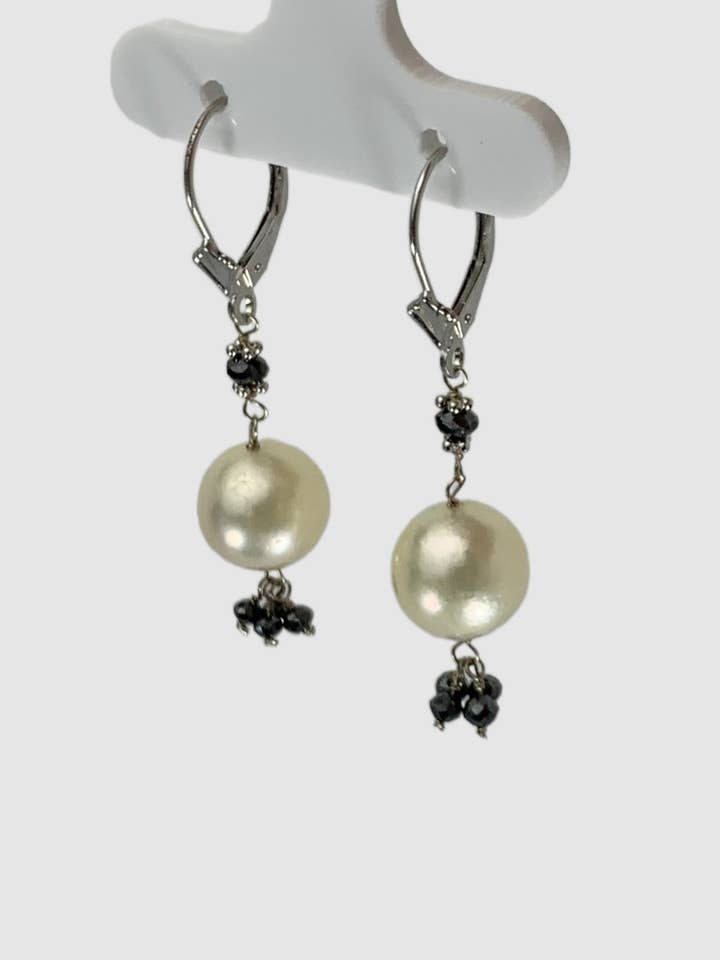 14KW Pearl and Black Diamond Tassel Drop Earrings for wholesale by Raja Jewels