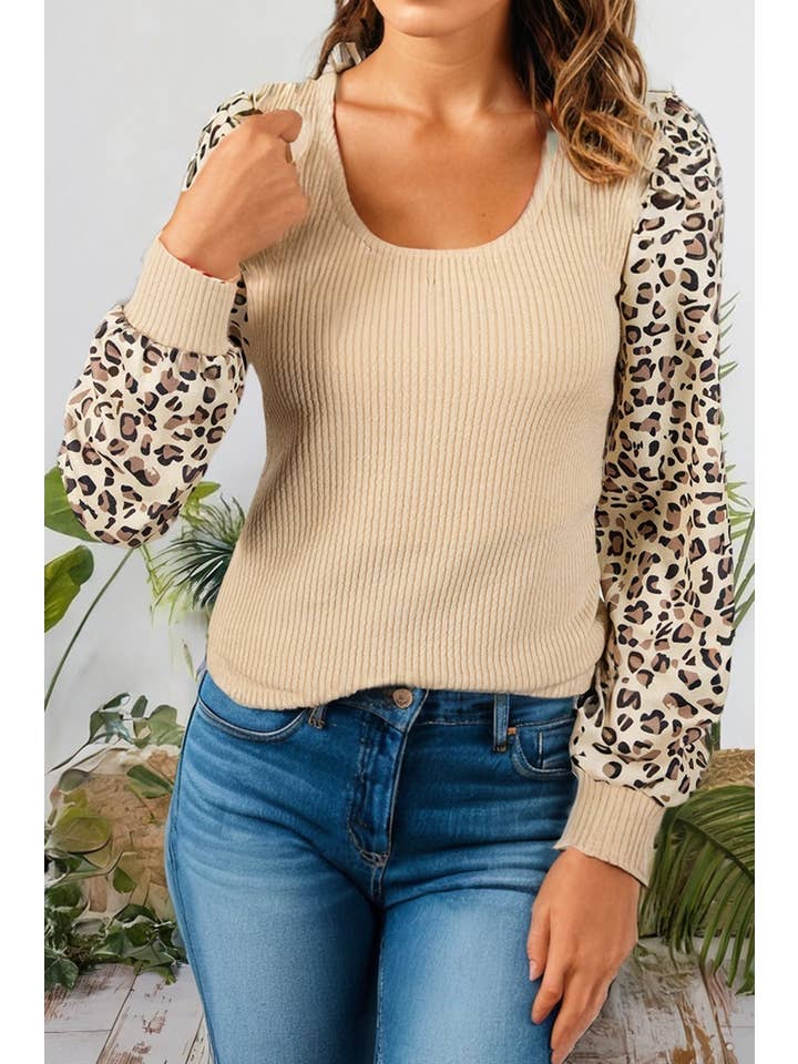 Beige Fall 2025 Leopard Sleeve Patchwork Ribbed Knit U Neck Top for wholesale on Faire0