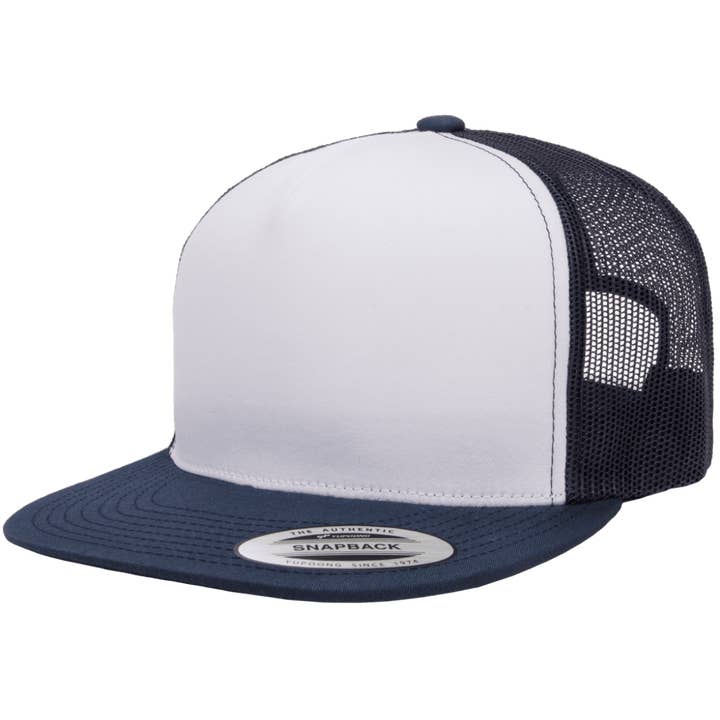 Yupoong 6006W Premium Trucker Snapback Hat, Flat Bill Cap with Mesh Back, White Front - YP Classics® for wholesale by The Park Wholesale