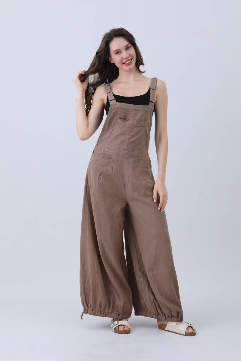 Mocha Natural Linen Jumpsuit for Women – Wide Leg Adjustable Cuffs for wholesale on Faire1