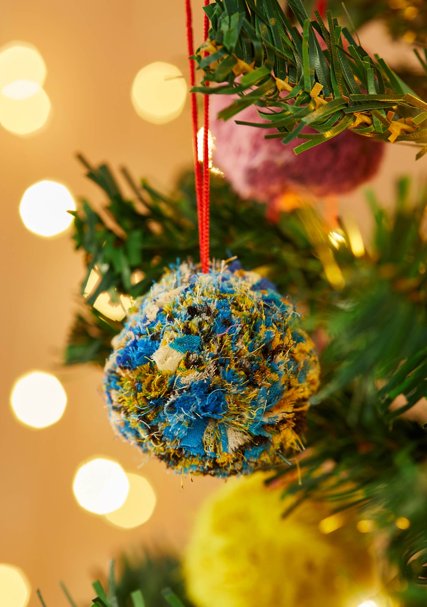 Namaste – wholesale Ornament – Recycled Sari Fluffy Pom Pom Bauble1