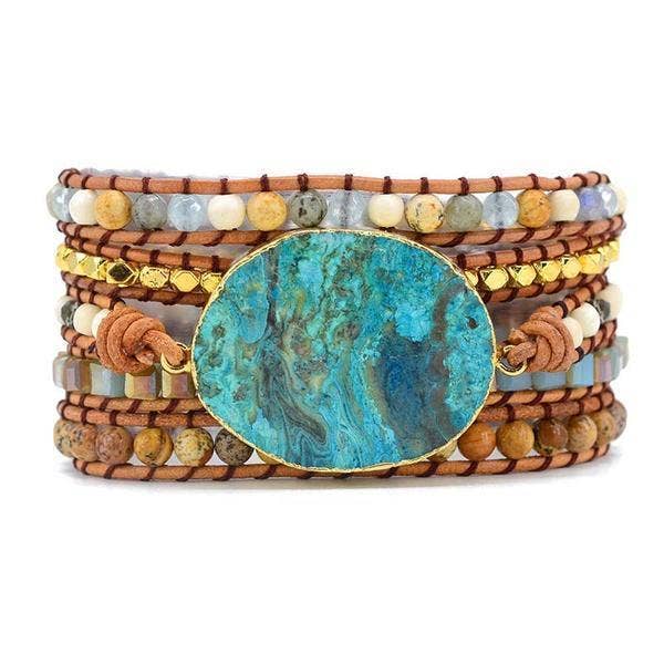 Free Spirit Shop - Venta al por mayor Pulsera de cuentas - Brazalete cruzado de piel de jaspe marino dorado, pulsera con cuentas bohemio