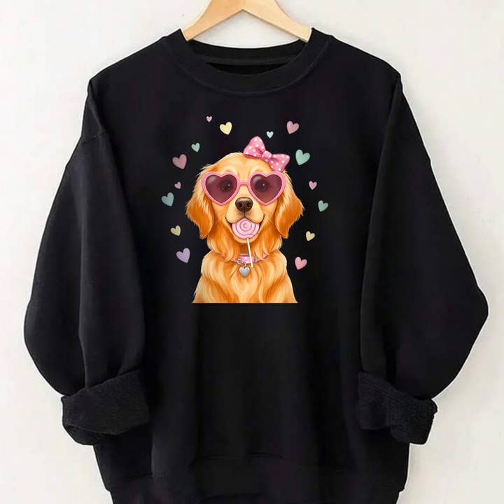 Valentine Dog Sweatshirt with Heart Sunglasses Cute Golden for wholesale by PressPilotCo