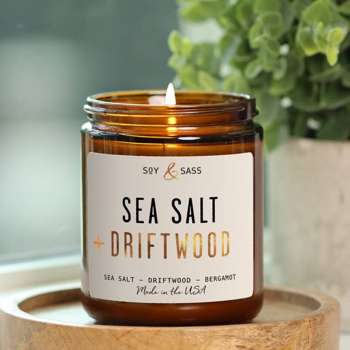 Sea Salt Driftwood Soy Wax candle 7.2 oz Home Decor & Gifts for wholesale by Soy and Sass