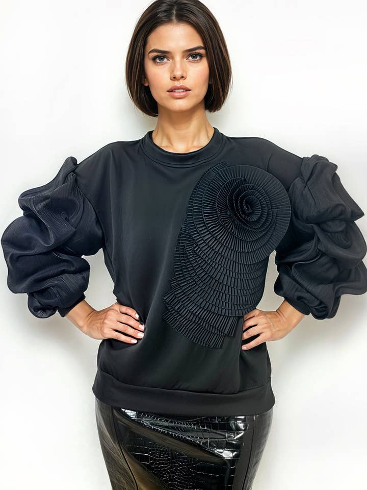 NOIR PULL NOIR À COL ROND SURDIMENSIONNÉ À MANCHES LONGUES W5891 en vente sur Faire1