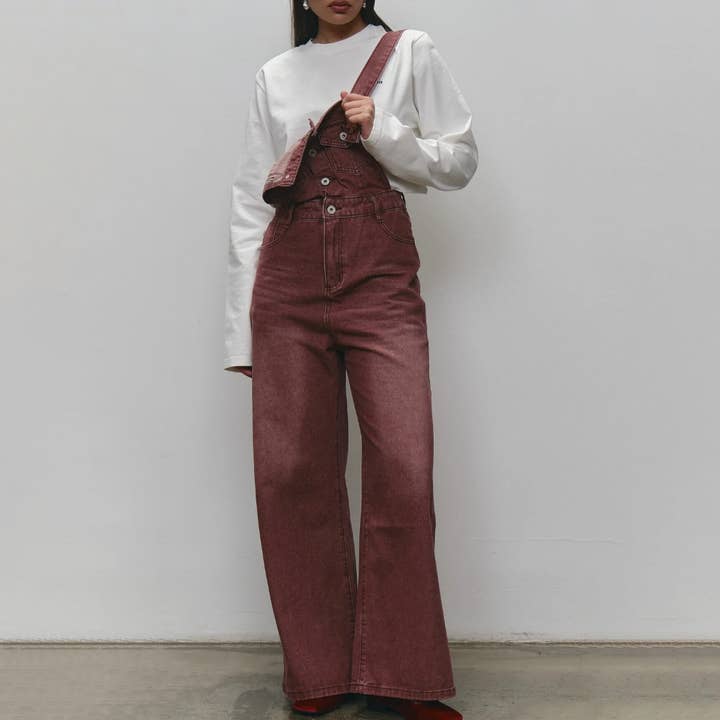 Women's denim overalls jeans loose straight high waist for wholesale by Tourtiwi