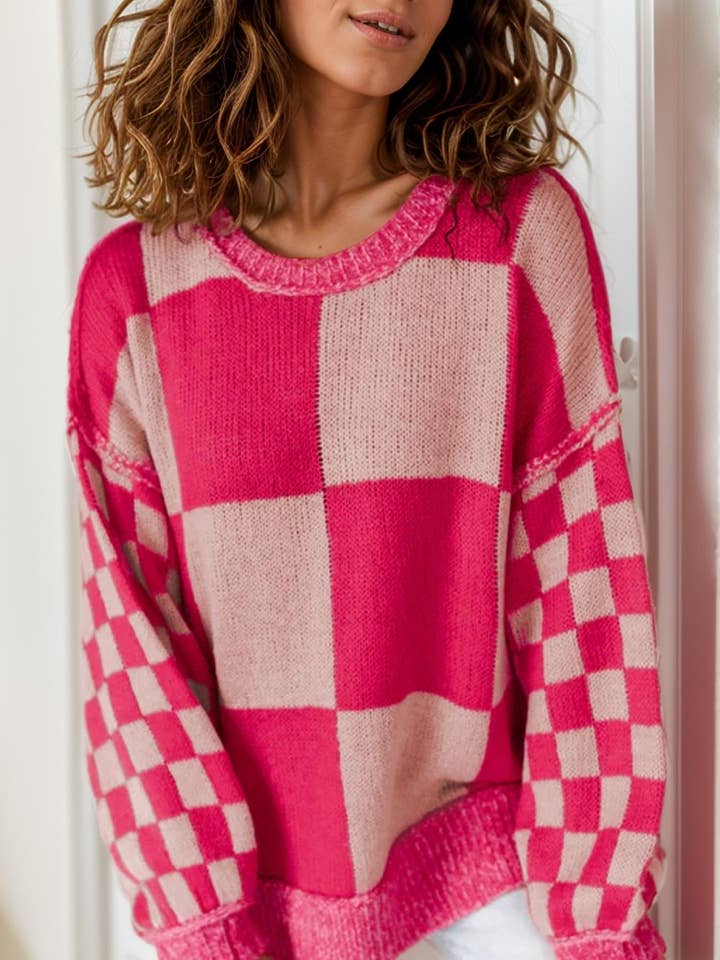 Rose Red Mixed Checkered Pattern Drop Shoulder Loose Sweater for wholesale on Faire