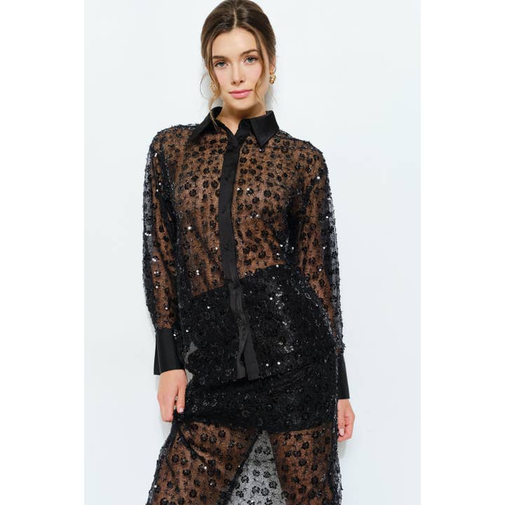 Long Sleeve See-through Floral Sequin Shirt for wholesale by INA