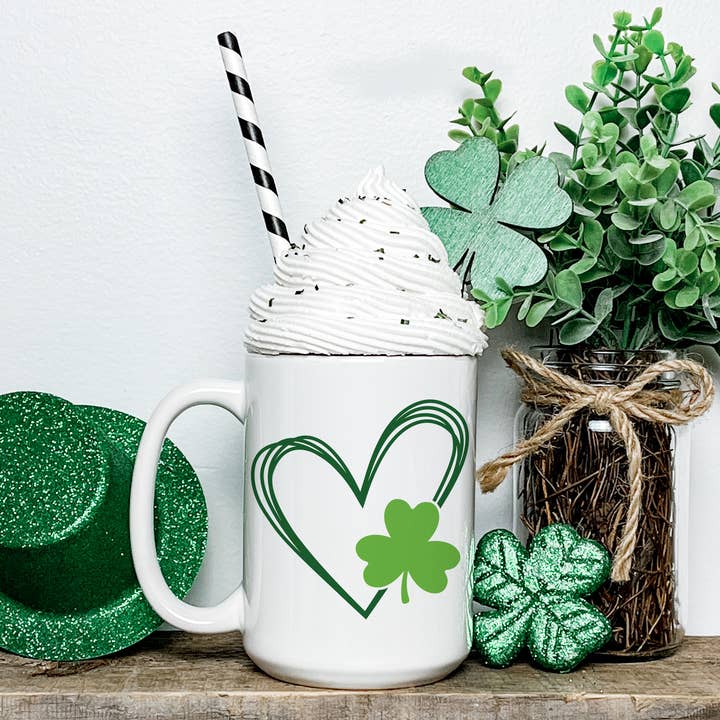 St Patrick's Day Heart with Clover 15 oz Mug for wholesale by Love You a Latte Shop