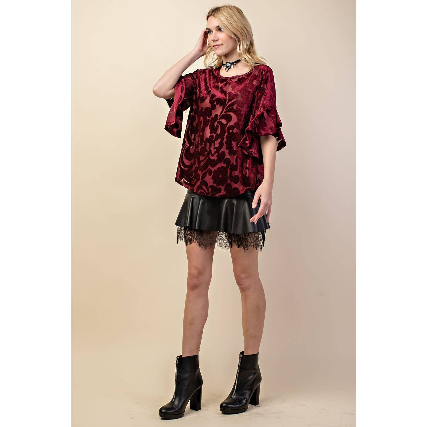 VOCAL - Wholesale Blouse - Women's - VELVET RUFFLE SLEEVE KNIT TOP12