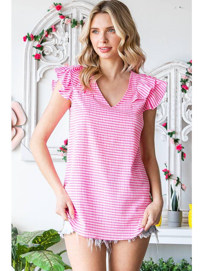 7th Ray - Wholesale Blouse - Women's - Gingham Print V-Neck Women's Blouse with Ruffle Detail T51143