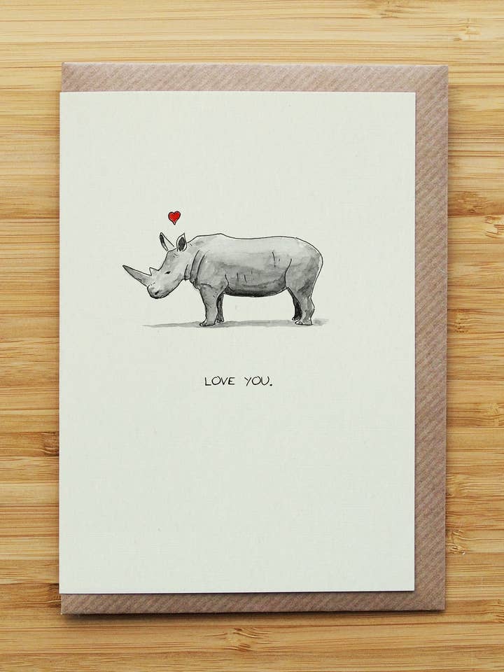 Love Rhino Card - Cute - Valentines - Heart - Recycled for wholesale by RossJDesigns