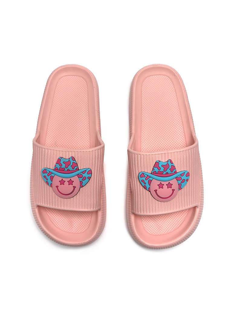 Living Royal - Wholesale Slides - Women's - Quick Dry Pool Slide Sandals - Western Happy Face - Pink