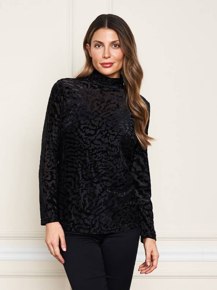 Black 3576-MAT Velvet Burnout Mock Neck Shirt - Unlined for wholesale on Faire2