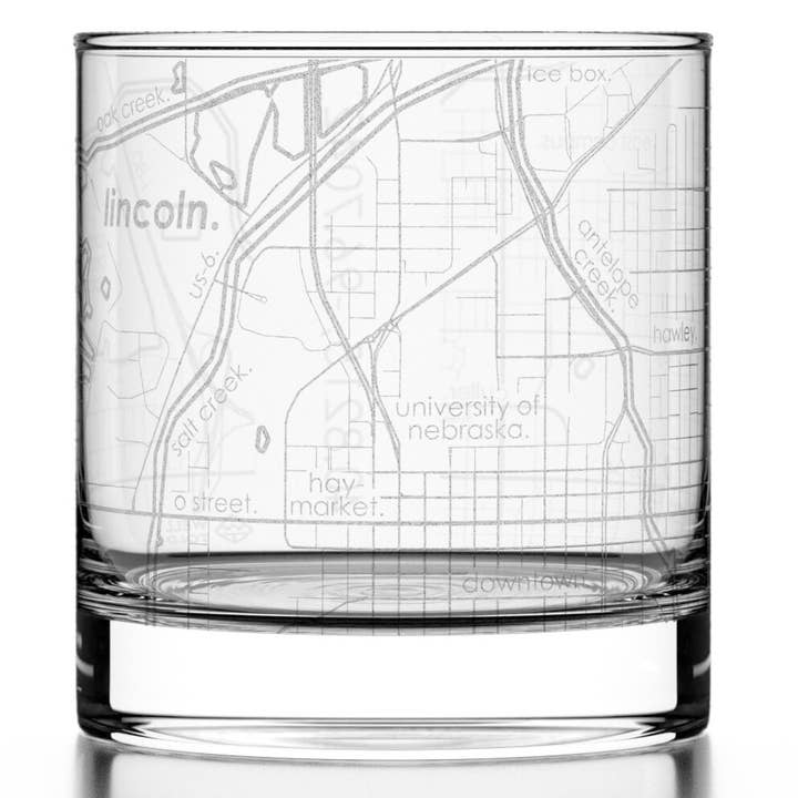 Lincoln, NE City Map - Etched Whiskey Rocks Glass for wholesale by Well Told