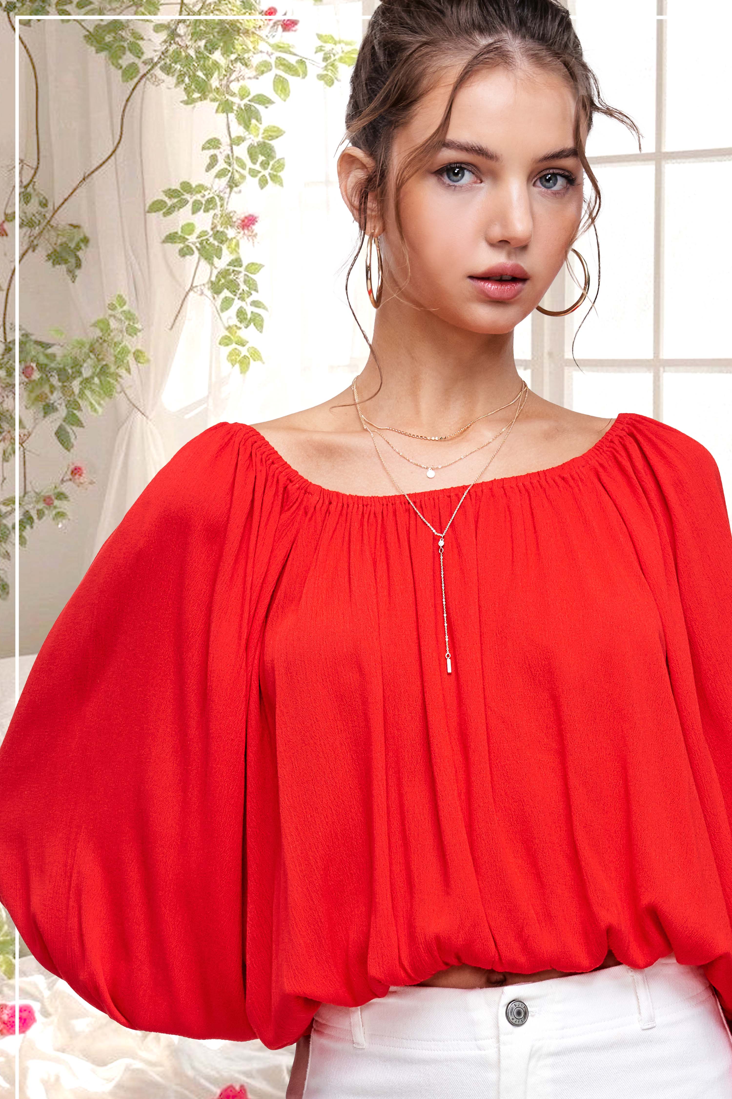 La Miel – Engroshandel Bluse - Dame – HAT7501-Åndbar top med ballonærmer uden skulder15