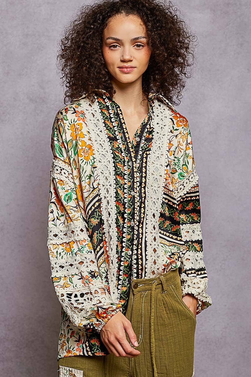 Pol Clothing - Wholesale Button Down Shirt - Women's - Balloon Sleeve Trim See-through Floral Printed Shirt Top12