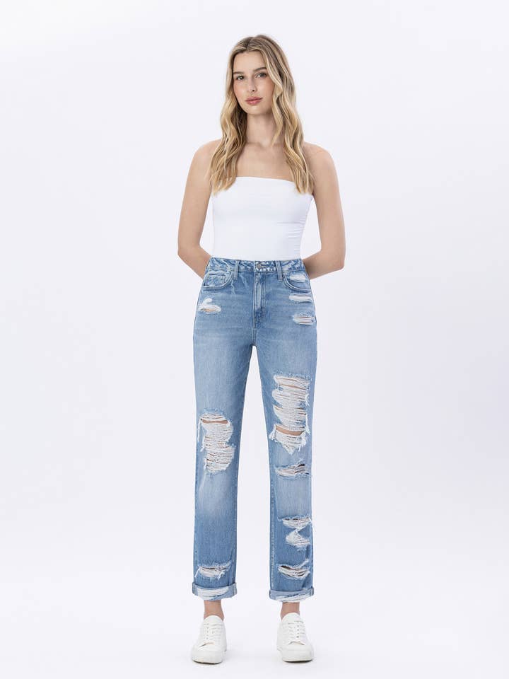 SUPER HIGH RISE DISTRESSED CUFFED MOM JEANS F4262 for wholesale by FLYING MONKEY