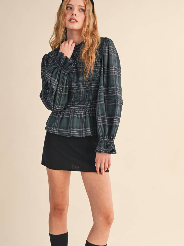 SMOCKED PLAID PUFF SLEEVE PEPLUM TOP MTP4192 for wholesale on Faire4