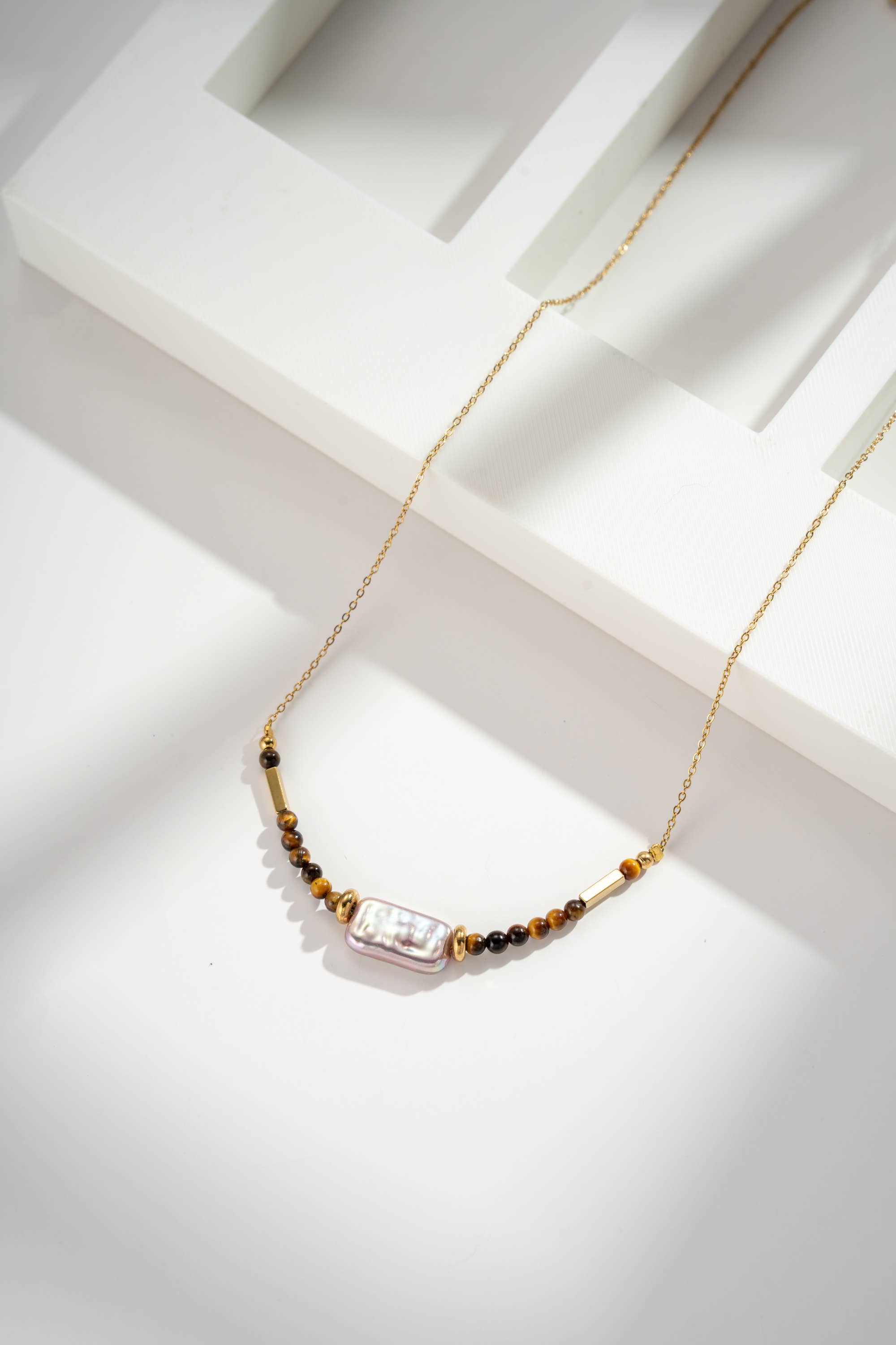 COSMOS - Wholesale Pendant/Charm Necklace - Golden necklace with pearly beads and tiger eye stone steel1