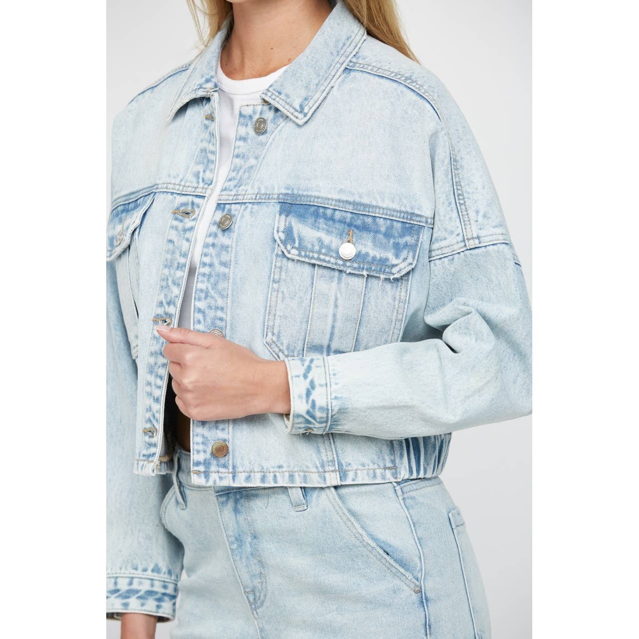 PREHNITE CROPPED DENIM JACKET W ELASTIC BAND for wholesale on Faire7