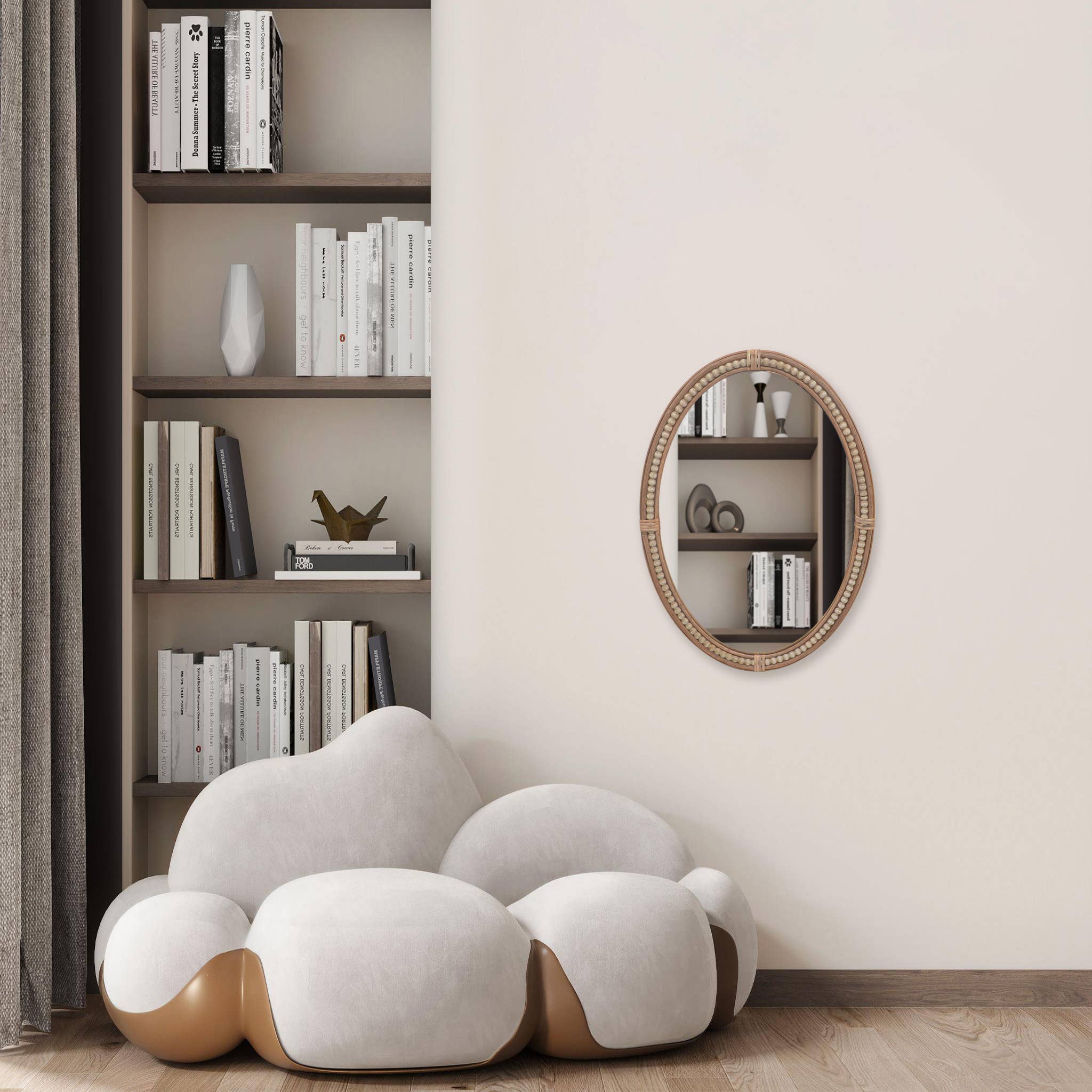 Paris Loft Inc – wholesale Wall mirror – 26 Inch Boho Oval Mirror with Beads and Rattan Decor2