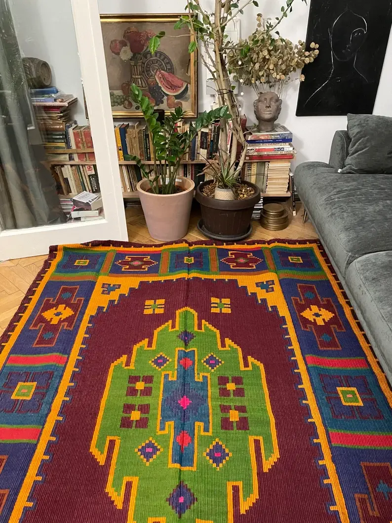 Cross Stitch Floral Boho Carpet Made by Hand on Hemp, Romania Tapis Fleurs  Tapis Roumain Tapis Vintage 