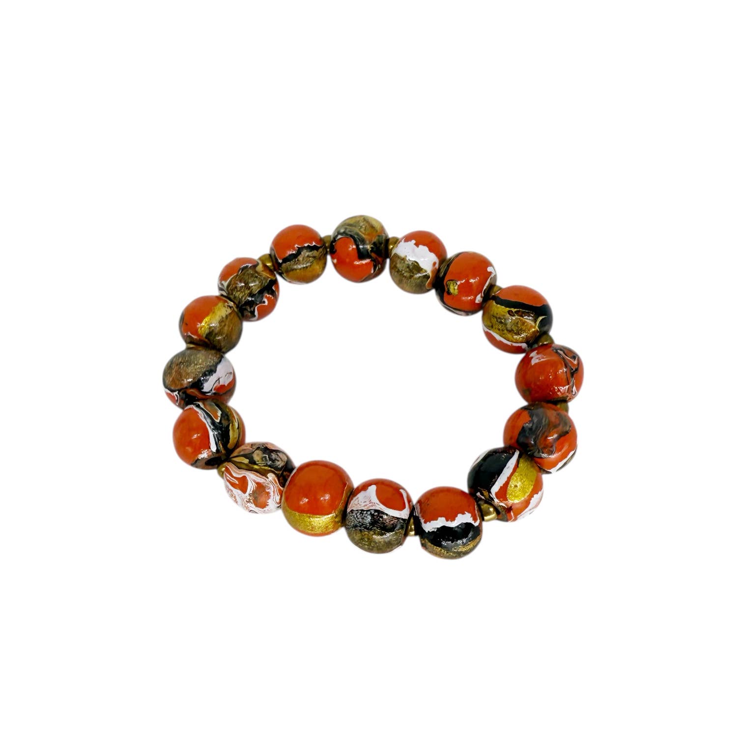 Maka Imports - Wholesale Beaded Bracelet - Hand Painted Wood Bubble Stretch Bracelet Orange
