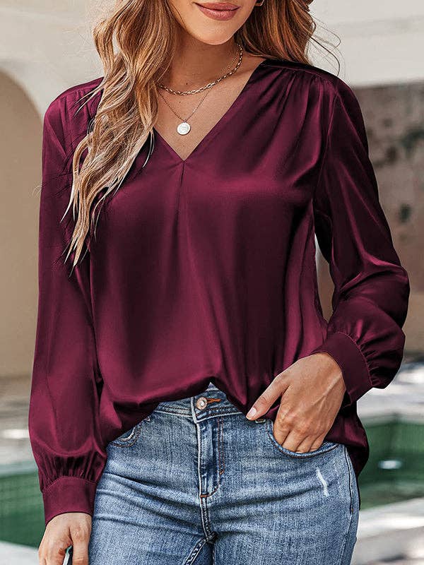 StyleGalX - Wholesale Blouse - Women's - Loose Pleated Solid Color V-Neck Blouses&Shirts Tops7