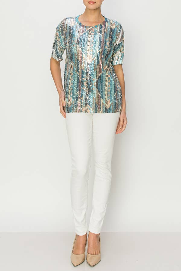 Origami Apparel ~  Lace and Crochet inspired - Wholesale Blouse - Women's - LINED ALL SEQUIN SHORT SLEEVE TOP-4638 SILVER TURQ GEO2