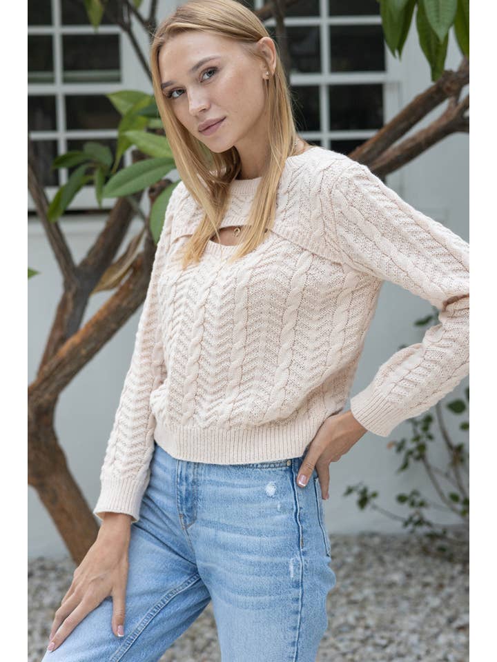 BEIGE Cable Knit Sweater with Front Cut Out Detail for wholesale on Faire