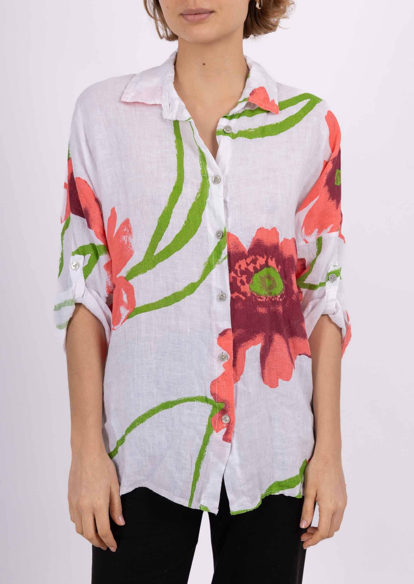 LINEN & COTTON HOUSE – wholesale Tröja med knappar – Dam – Tunika 09002 i 100 % lin, Fiore-mönster0