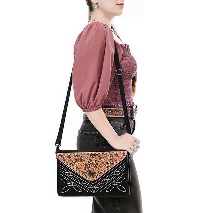 LS Western - Wholesale Crossbody Bag - Women's - ADBG1623A Western Floral Tooled Leather Envelope Bag - Black Genuine suede Envelope by American Darling1