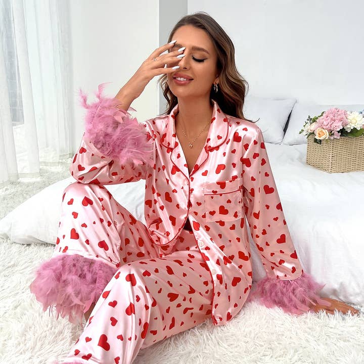 Women's Valentine's Day Love heart romantic pajamas set for wholesale by Little Trendy