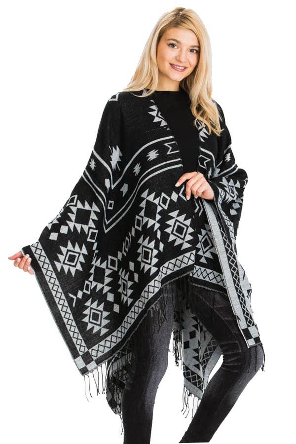 Cap Zone – Poncho - Mulher por atacado – Poncho ocidental reversível com padrão geométrico asteca6