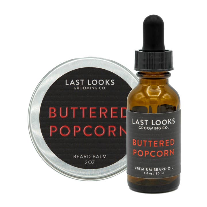 Buttered Popcorn Beard Oil + Balm Bundle for wholesale by Last Looks Grooming