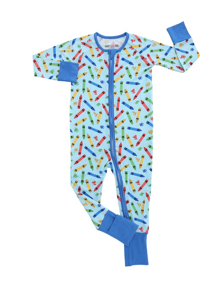Bamboo Pajamas Convertible Footie Romper (Blue Crayon) for wholesale by Mom N Tot Shop