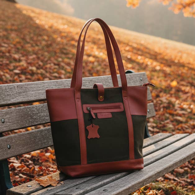 Alta Quero - Wholesale Tote Bag - Women's - Genuine Leather & Canvas Tote Bag – Green Brown Laptop & Tab2