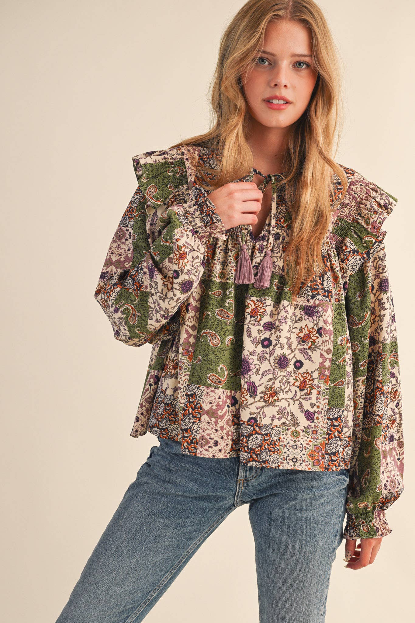 &MERCI - Wholesale Blouse - Women's - PATCHWORK PRINT SMOCKED RUFFLE BLOUSE MTP43503