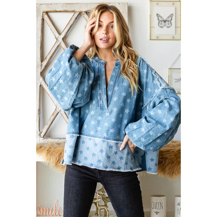 WASHED STAR PRINTED BALLOON SLEEVE DENIM TOP for wholesale on Faire