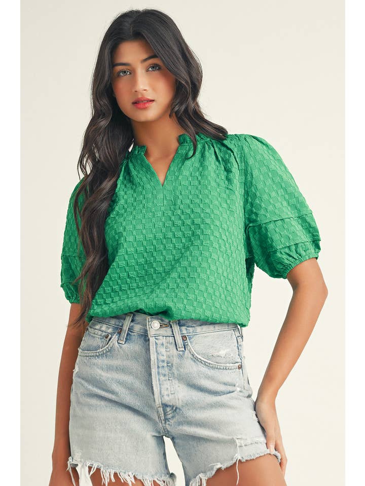 Bright Green LDC Textured Puff Short Sleeve Notched V Neck Top for wholesale on Faire