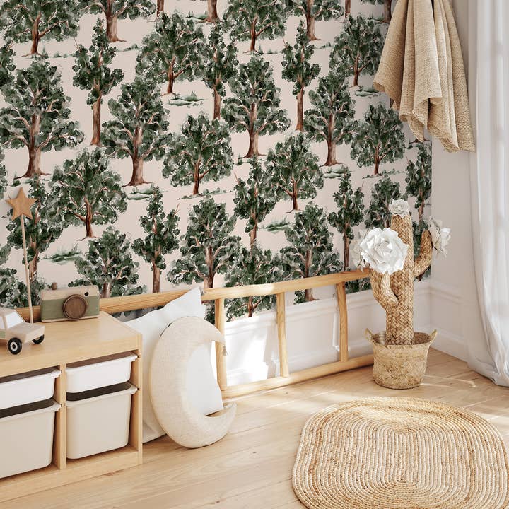 Papier peint de pépinière d'arbre beige, fresque murale minimaliste neutre pour la vente par SimurgWallArts